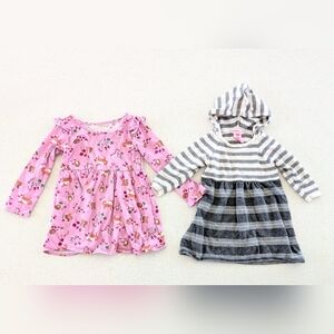 Set Of 2 Long Sleeve Dresses - Floral, Fixes, Gray And White Striped